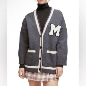 Maje Gray Maissa Oversized Varsity V-Neck Academia Cardigan Sweater Size 1, S